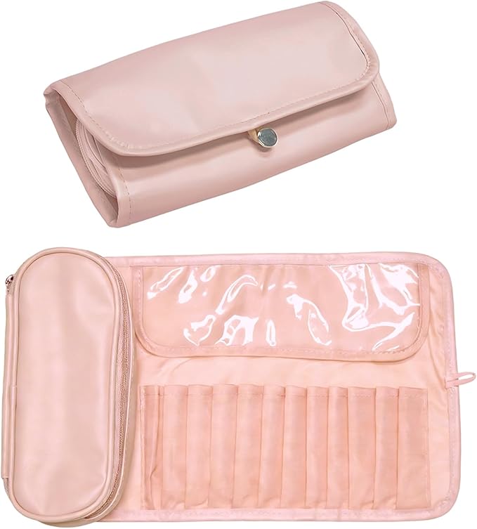 Portable Folding Makeup Brush Bag,Travel Toiletry Bag with Dividers & Independent Partition for Brushes & Skincare, Toothbrush Holder,Rolling & Open Flat cosmetic Organizer,Waterproof &Hanging (Pink)