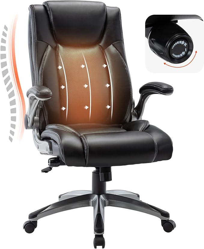 Executive Office Ergonomic Chair with Thick Bonded Leather, Flip-up Armrests, High Back Adjustable Height and Tilt for Working, Study, Gaming