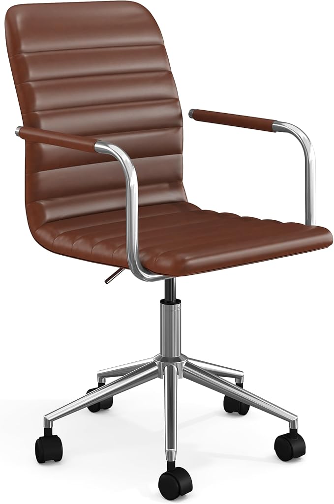 Martha Stewart Taytum Swivel Task Chair with Armrests for Home Office in Saddle Brown Faux Leather with Polished Nickel Frame
