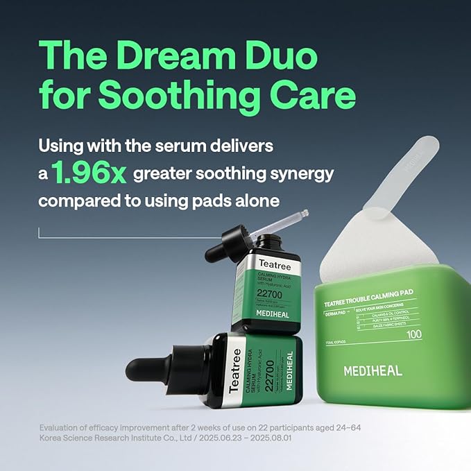 Mediheal Teatree Pad & Serum Duo Set for Quick Skin Calming & Redness Relief - Teatree Trouble Calming Toner Pads (100 Count) + Teatree Serum (1.35 fl.oz)