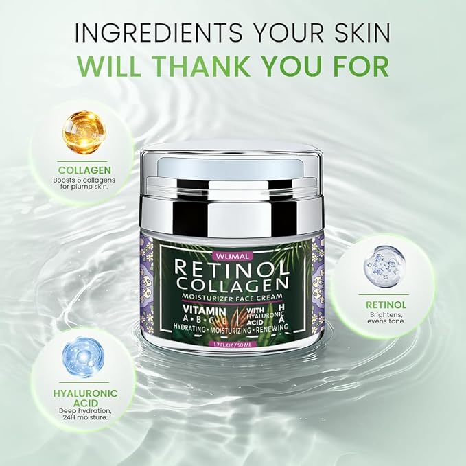 Retinol Cream with Collagen & Hyaluronic Acid - Face Moisturizer for Women and Men - Reduces Wrinkles, Fine Lines and Dryness - 1.7 oz