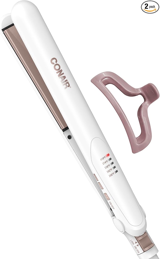 Conair Double Ceramic Flat Iron, 1-Inch Flat Iron Hair Straightener with Claw Clip, 5 Heat Settings, Extra-Long Floating Plates, White