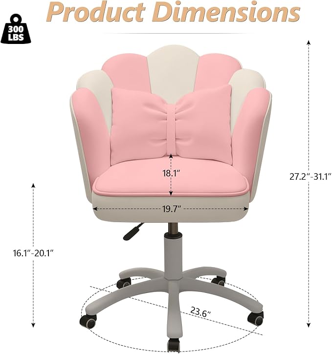 Home Office Desk Chair Swivel Rolling Vanity Chair with Silent Wheels and Comfortable Back, Adjustable Height Upholstered Computer Task Chair for Makeup, Bedroom
