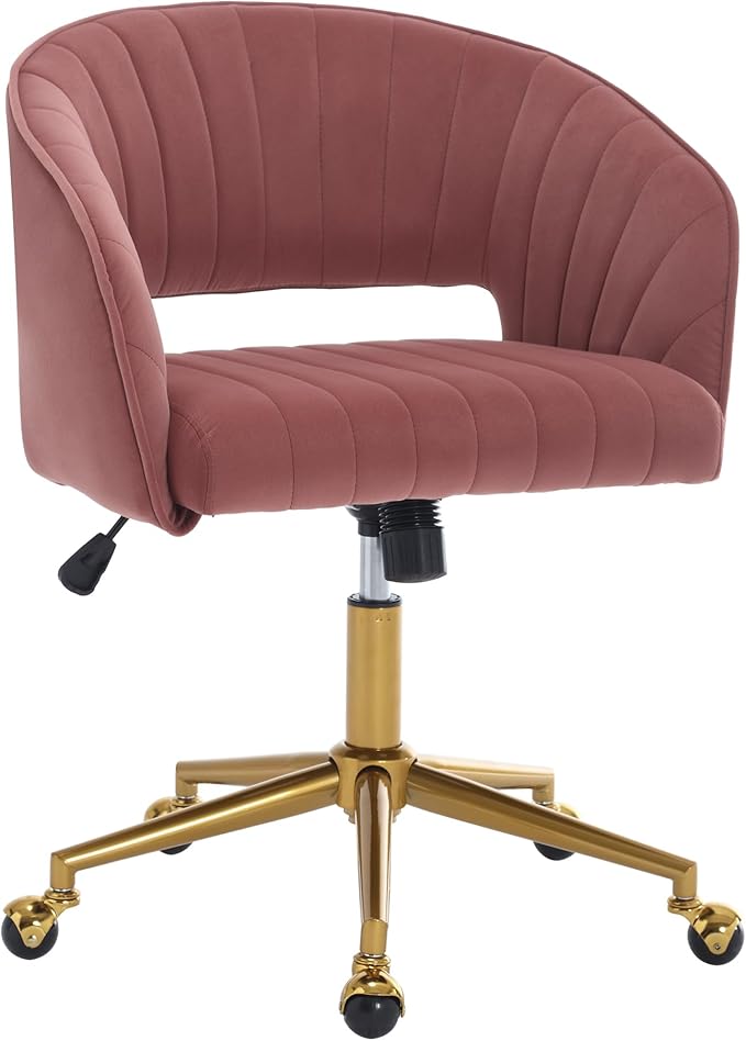 Home Office Swivel Desk Chair, Modern Velvet Vanity Chair, Height Adjustable Armchair with Gold Base, Ergonomic Office Chair for Task Study Computer Room, Rose