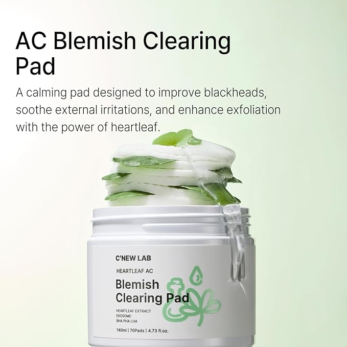 C’NEW LAB Heartleaf AC Blemish Clearing Pad (70 pads) | Blackhead & Exfoliating Facial Pads for Smooth Skin | Heartleaf Extract, Heartleaf Exosome, Allantoin, PHA, Korean Skin Care