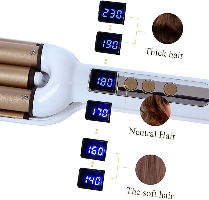 Ceramic Hair Crimper Iron Hair Waver 3 Barrel 0.6 inch / 16mm Perm Instant Curls Crimping Hair Curling Iron Valentines Day Gifts for Women Professional Crimping Iron (Gold & White)