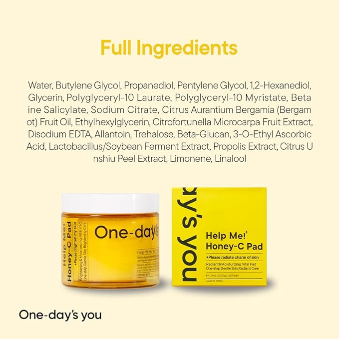 ONE-DAY’S YOU Help Me Honey Glow-C Pads | Korean Vitamin C Toner Pads for Face | Brightening & Cleansing Facial Pads | Skin Care for Blemishes & Radiance | 60 Sheets