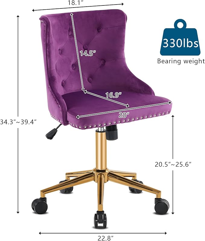VINGLI Dark Purple Armless Home Office Desk Chair with Gold Base/Wheels, Small Cute Vanity/Makeup Chair with Back for Bedroom, Upholstered Adjustable Rolling Swivel Nail Chair for Women/Girls