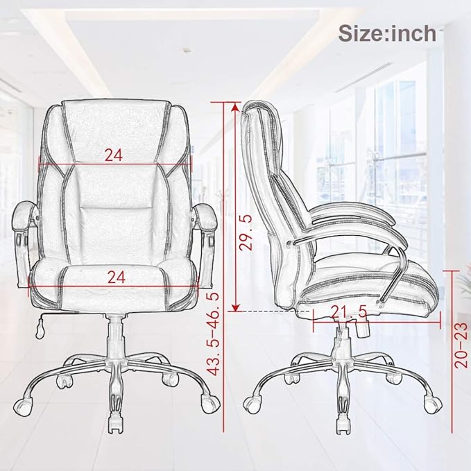 Office Chair 500lbs Wide Seat Ergonomic Desk Chair PU Leather Computer Chair Task High Back Executive Chair with Lumbar Support Armrest Adjustable Chair for Heavy People, White