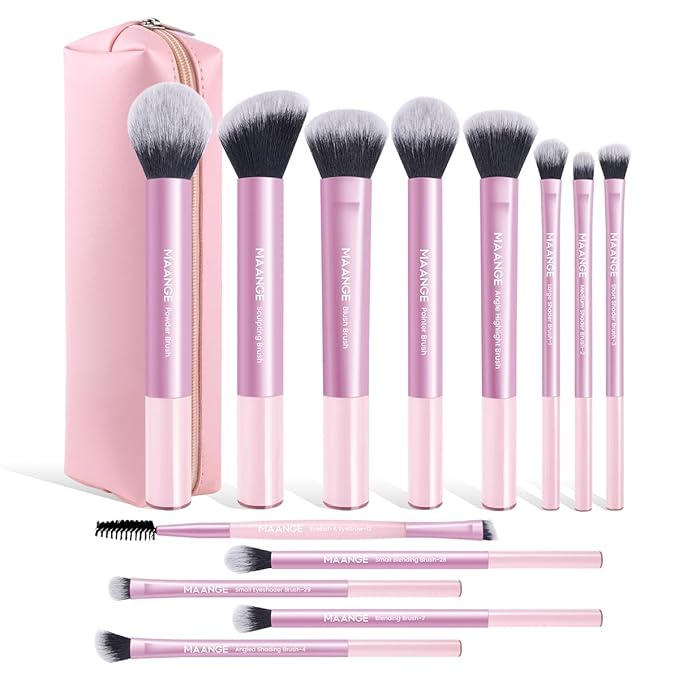MAANGE 13 PCS Makeup Brushes Professional Make Up Brushes Premium Synthetic Powder Concealers Brushes Travel Makeup Brush Set with Case (Pink)