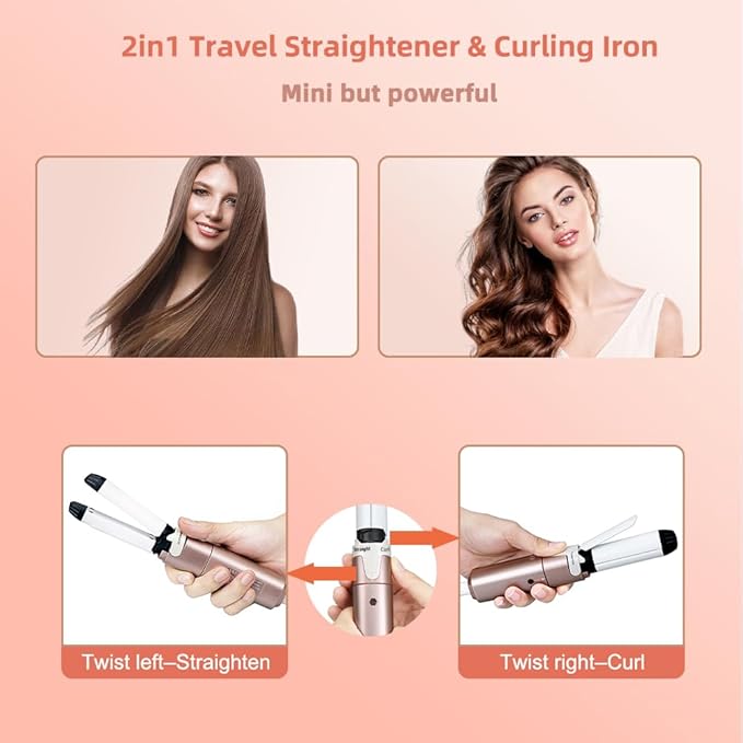 VAV Travel 1 Inch Mini Flat Iron for Short Hair,Portable Hair Straightener and Curler 2 in 1, Dual Voltage Curling Iron for Traveling,Compact Size