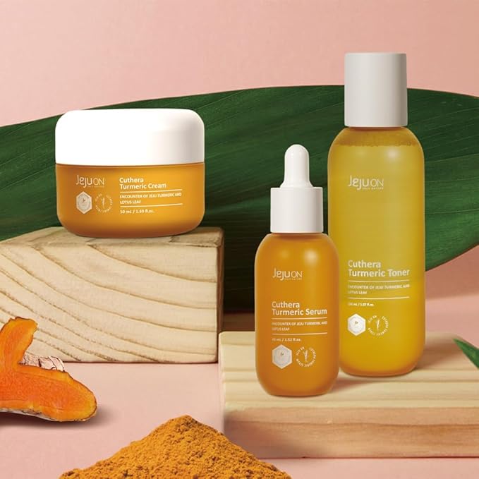 Cuthera Turmeric 3-Piece korean Skincare Set Essence Toner, Serum, Cream - Vegan, Anti-Aging, Hydrating, Moisturizing, Jeju Natural Ingredients, Elasticity care, Pore care, Skin Calming