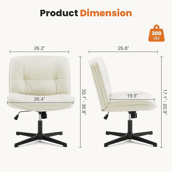Sweetcrispy Armless-Office Desk Chair Without Wheels, Cross Legged Wide Chair, PU Leather Comfortable Adjustable Swivel Computer Task Chairs for Home,Office,Make Up,Small Space,Bed Room Light Beige