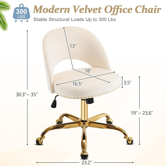 VINGLI Modern Velvet Small Office Chair,Cute Desk Chair with Wheels,Gold Base/Studs, Comfy Armless Swivel Vanity Task Chair for Women/Girl/Kids, Nail Tech Chair for Bedroom,Small Space,Beige