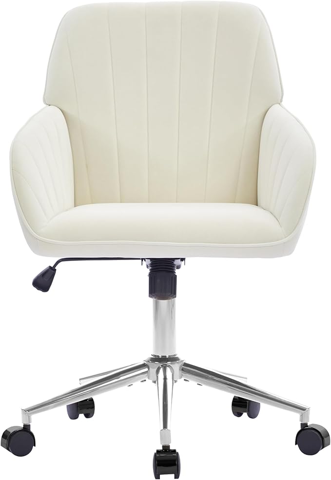 YITAI Velvet Office Desk Chair with Wheels and Silver Base,Modern Height Adjustable 360 Degree Swivel Upholstered Vanity Chairs with Arms for Living Room Bedroom, Study,White