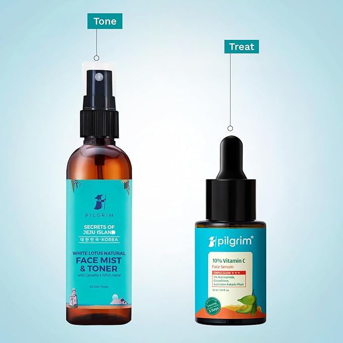 Pilgrim Vitamin C Radiance & Refreshing Combo: 10% Vitamin C Serum & Korean White Lotus Face Mist & Toner | Brightens Skin | Deep Hydration | Triple Glow+++ | Refreshes & Nourishes