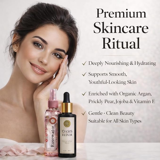 Organic Moroccan Anti-Aging, Hydration Duo Face Serum 1 fl oz + Organic Rose Water 3.4 fl oz Argan, Prickly Pear, Jojoba, Vitamin E, Wrinkle Care, Firming Glow for Dry Skin