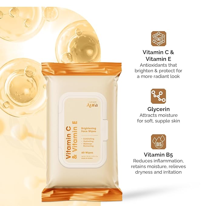 Vitamin C & Vitamin E Face Wipes – Dermatologist Tested, Anti-Aging, Korean Skin Care – Removes Makeup, Hydrates, Softens The Look Of Fine Lines – Vegan, Clean Beauty – 240 Count