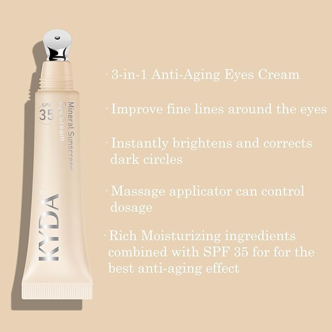 KYDA Mineral Eye Cream, Tined Eye Cream Color Corrector, 3-in-1 Anti-Aging Eye Cream for Dark Circle and Fine Lines, SPF 35, Tan