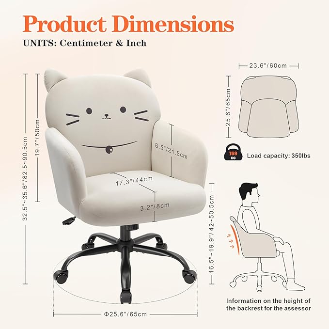 IWMH Home Office Chair Wide Seat Desk Chair Cute Velvet Swivel Vanity Chairs Cat Themed Computer Task Chairs with Wheels Upholstered Modern Accent Armchair for Living Room Bedroom Study Makeup White