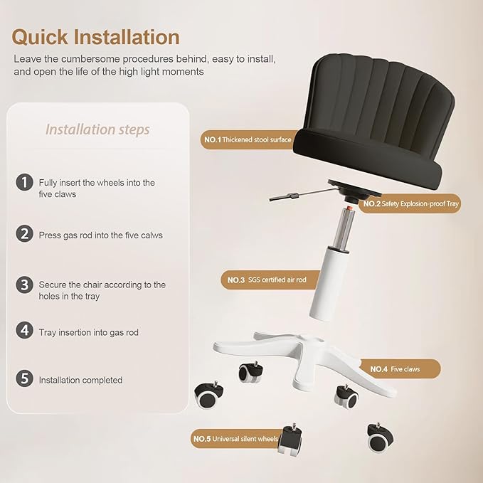Small Round Rolling Desk Chair Armless Comfy Vanity Computer Chair with Low Backrest PU Leather Height Adjustable Swivel Work Spa Chair