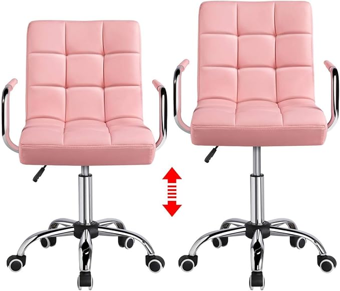 Yaheetech Modern PU Leather Desk Office Chairs with Wheels/Armrests Height Adjustable Home Computer Executive Chair on Wheels 360° Swivel, Pink