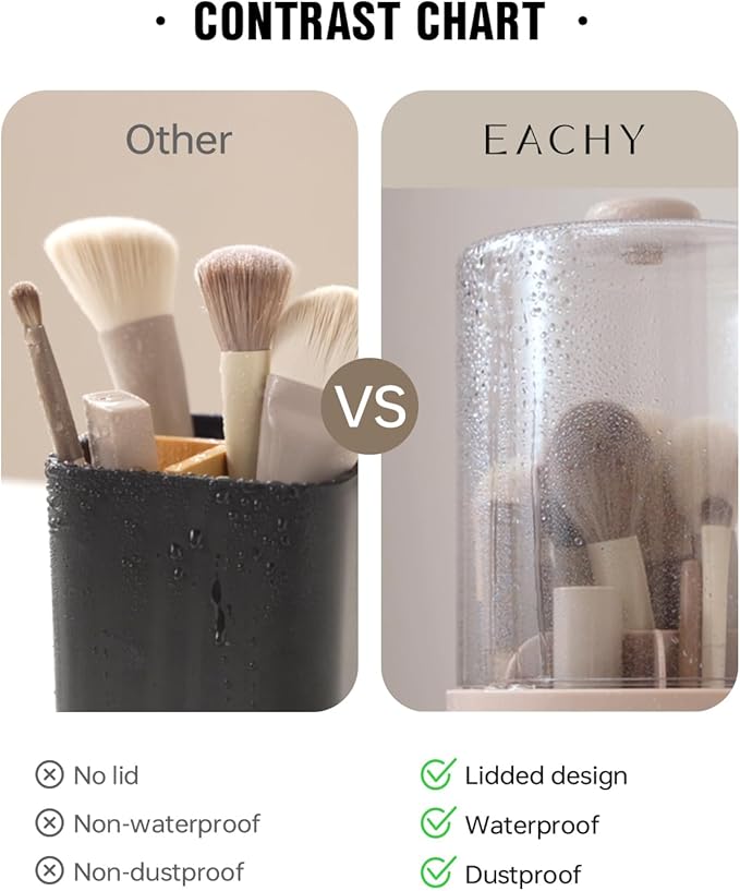 EACHY Makeup Brush Holder 360° Rotating with Dustproof Lid, Waterproof Material, 7 Compartments for Organized Storage, Stylish and Durable Design for Vanity (Green)