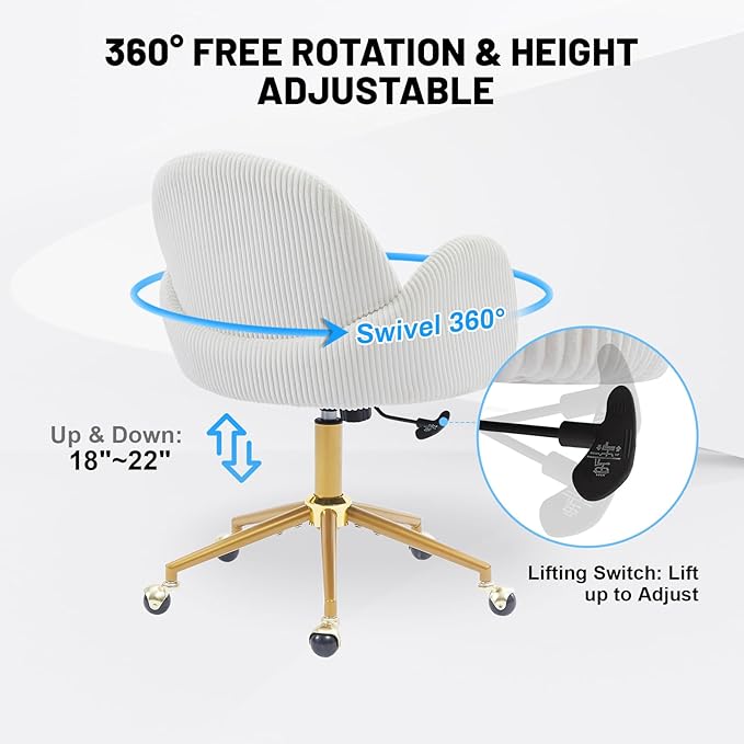 Home Office Chair with Petal Backrest, Corduroy Upholstered Desk Chair with Adjustable Swivel Wheels, Ergonomic Chairs for Living Room, Bedroom, Office, Study, Flower Cute Girls Vanity Chair(Beige)