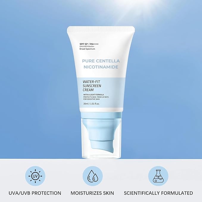 Water-Fit 𝑪𝒆𝒏𝒕𝒆𝒍𝒍𝒂 Sunscreen Cream SPF 50+ PA++++ | Hydrating Formula with 𝑪𝒆𝒏𝒕𝒆𝒍𝒍𝒂 & Tea Tree Extract for Sensitive Skin | Lightweight, Non-Greasy | 30ml / 1.01 fl. oz (1)