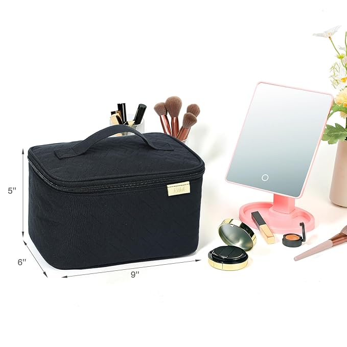NISHEL Travel Makeup Bag Women, Cosmetic Organizer Case, Portable Essentials Case for Travel-Size Accessories Bottles, Brushes, and Skin Care Products, Black