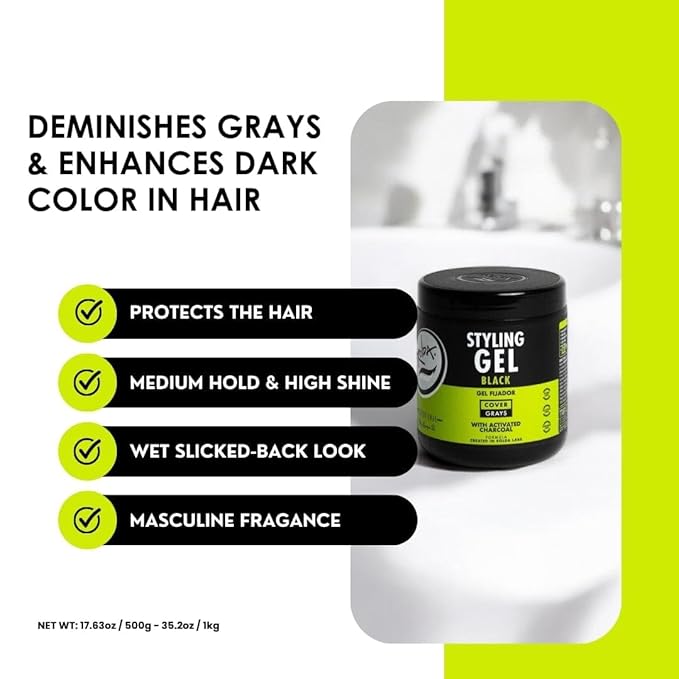 Rolda Black Styling Hair Gel - Medium To Strong Hold With Medium Shine For a Wet Slicked Back Look With All Day Hold - Activated Black Charcoal Covers Grey Hair Instantly 17.6oz (2PK)