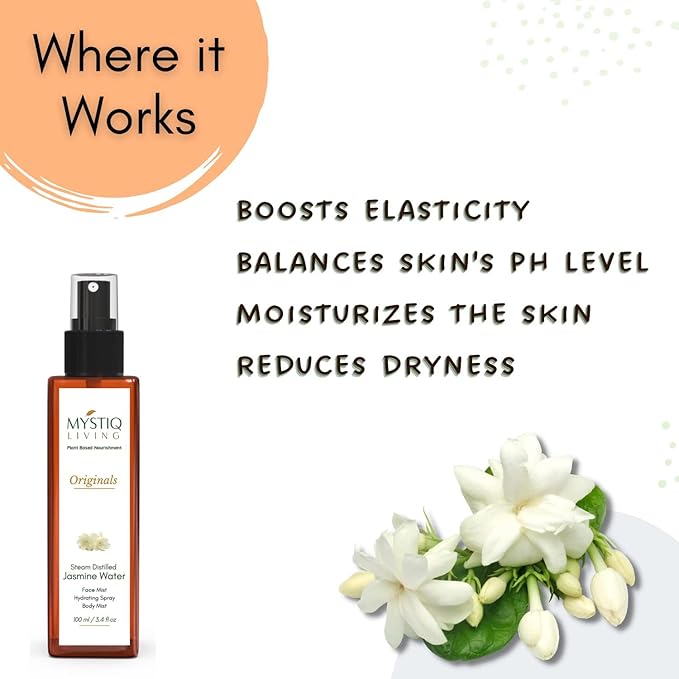 Mystiq Living Jasmine Floral Water Spray -100 ML | Pure Mogra Jal,100% Pure and Natural | Steam Distilled for Face, Toner, Body Mist & Pore Cleanser