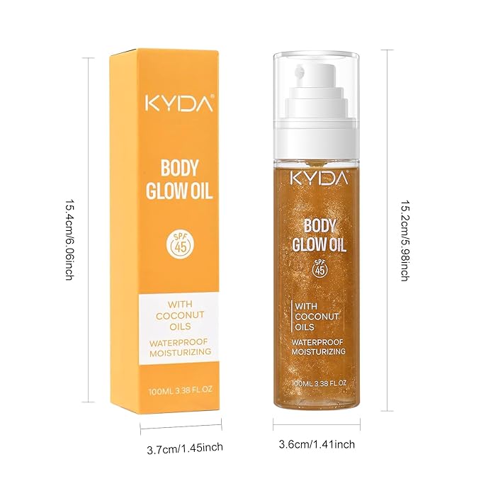 Sunscreen Body Glow Oil, Broad Spectrum SPF 45, Lightweight Waterproof Moisturizing Coconut Shimmer Oil with Gold Mica, Travel Size Summer Sunscreen Skin Illuminator-AMBER, 3.38 fl oz