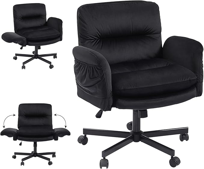 Bestier Criss Cross Office Chair with Flip-Up Armrests, Swivel Makeup Vanity Chair with Wheels & Side Pockets, Cross Legged Office Chair for Home Office, Bedroom, Black Velvet