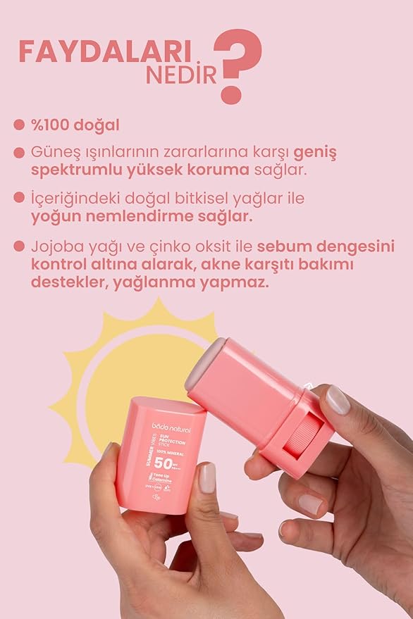 Bade Natural Pink Tinted Mineral Sunscreen Stick SPF 50 – Tone-Correcting & Brightening Sunblock with Zinc Oxide & Calamine for Face – Water Resistant, Non-Greasy, 100% Natural Oils, 0.56 oz