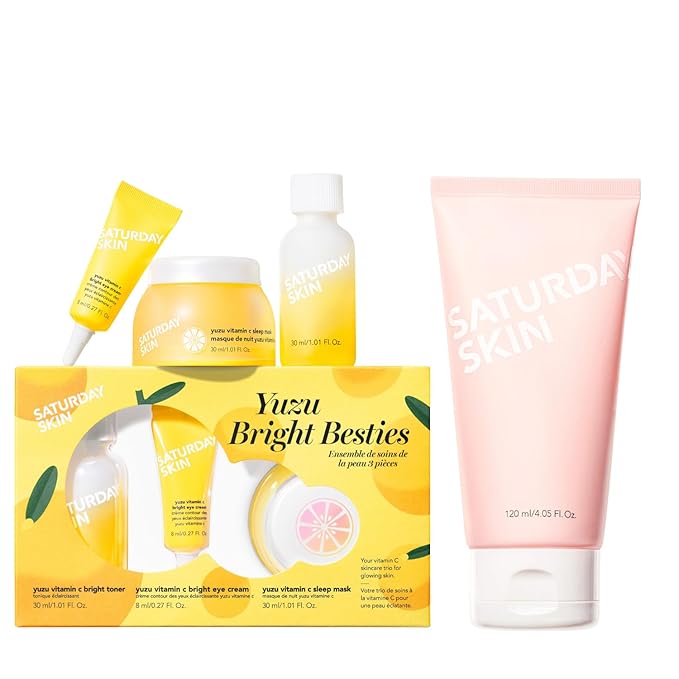Saturday Skin 3-Piece Skin Care Set Yuzu Vitamin C Sleep Mask Yuzu Vitamin C Bright Toner and Eye Cream and Face Cleanser Hydrating Foam Cleanser Makeup Remover and Face Wash