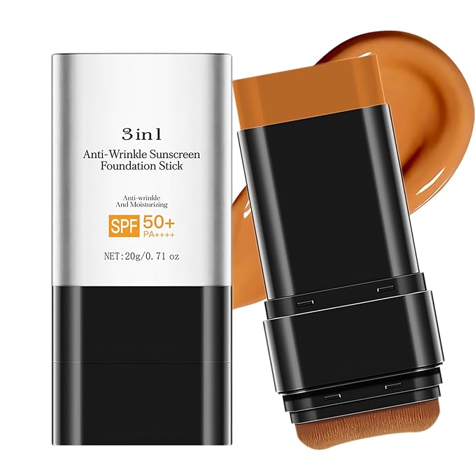 Foundation Stick with Brush, SPF 50, Hydrating Anti Wrinkle Non-Sticky Matte Finish Sun Protection for Face and Body, Long-lasting Travel Size Korean Skin Care Sun Stick (Dark, 0.71oz)