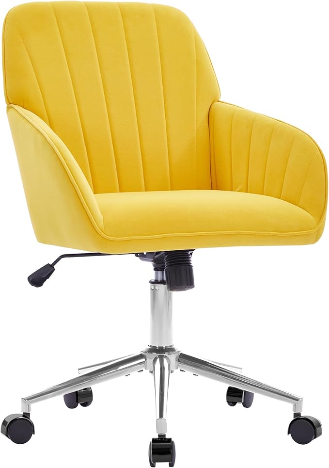 Velvet Home Office Desk Chair, Modern Cute Computer Task Chair with Back, Height Adjustable Upholstered Vanity Chair with Swivel Wheels for Women, Girls (Silver Base, Lemon Yellow