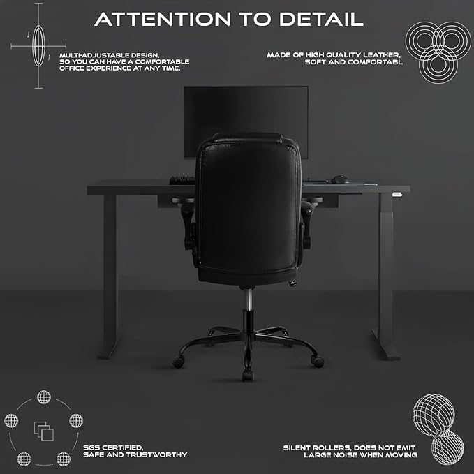 VITESSE Ergonomic Office Chair with Flip-up Armrests, Big and Tall Leather Executive Office Chair, High Back Lumbar Support Home Computer Desk Chair, Heavy and Duty Computer Chair (Black)