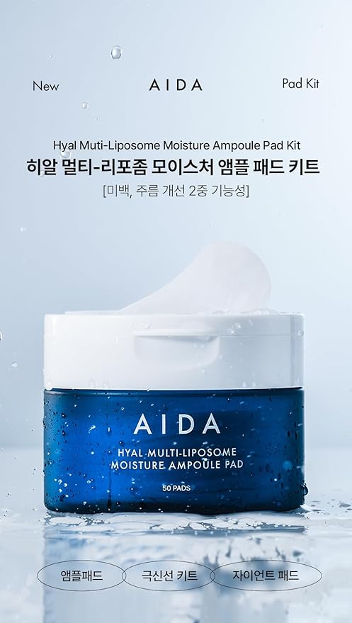 AIDA Hyal Multi-Liposome 30,000 ppm Moisture Ampoule Pad Kit, Toner Pad, Anti Aging, Smoth and Glow Skin for all skin type 90mm size pad, 50 sheets