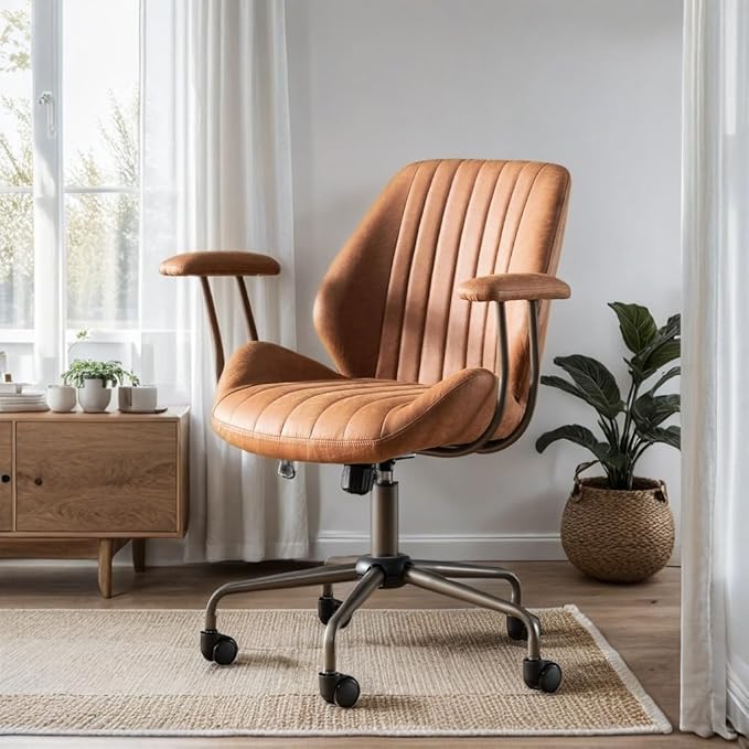 HOOOWOOO Faux Suede Leather Home Office Desk Chair,MCM Modern Ergonomic Task Work Chair,Computer Gaming Chair with Cushion Seat Mid Back for Long Hours(Brown)