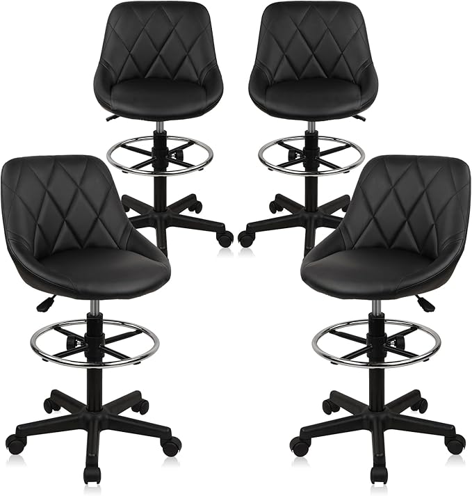 Drafting Chair with Backrest and Wheels, Adjustable Footrest Height Rolling Stool, PU Leather Tall Swivel Chairs Work Shop Office Desk Stools for Kitchen Home Bar, Black, 4 Pack