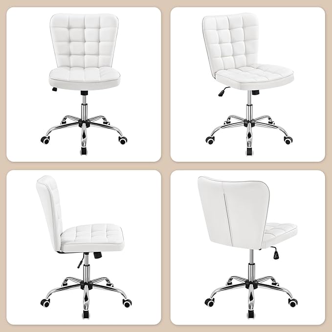 Yaheetech Armless Desk Chair Modern Tufted Office Chair Faux Leather Upholstered Computer Chair with Adjustable Seat Height and Rolling Wheels for Home/Office, White