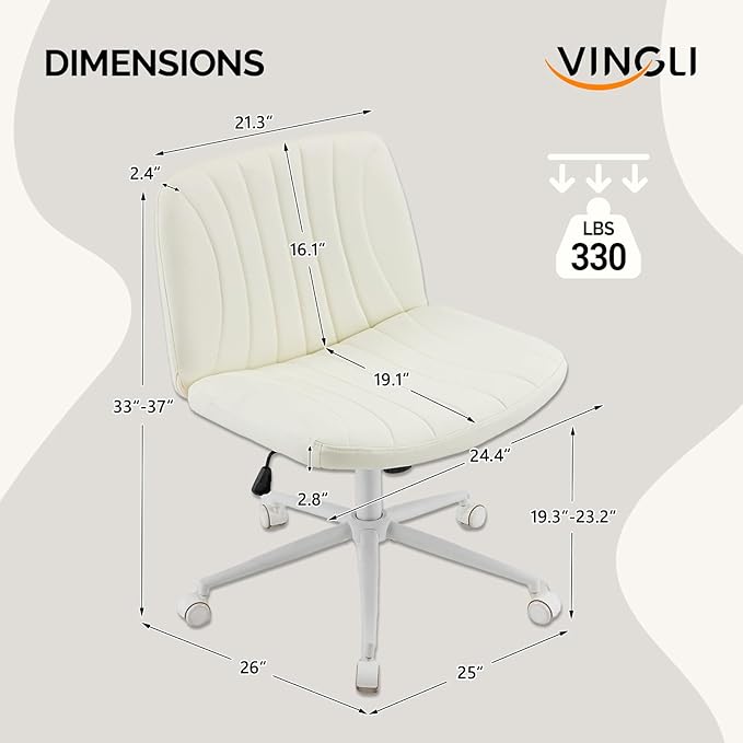 VINGLI Criss Cross Legged Chair,Wide Comfy Office Desk Chair,Dual-Use with/no Wheels Computer Task Chair,Swivel Armless Vanity Rolling Chair for Study,Make Up,Home Office,Cat Scratch PU Leather,Beige