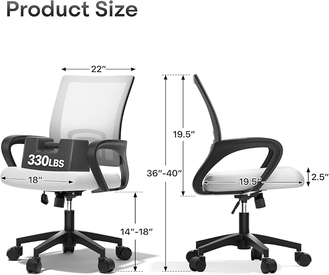 Ergonomic Office Chair - 330Lbs, Breathable Mesh Computer Desk Chair with Lumbar Support & Armrest, Rolling Swivel Adjustable Tilt Lock for Home Office/Gaming, Bedroom Study