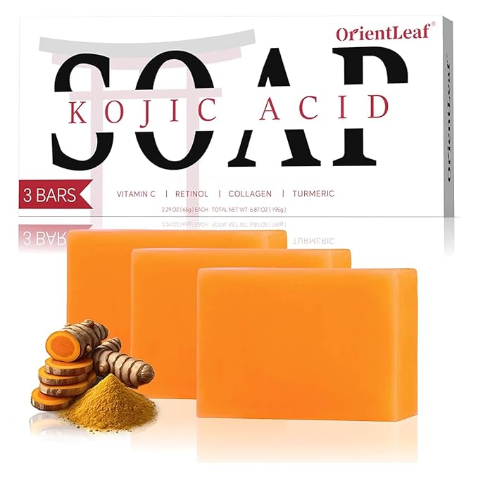 Kojic Acid Soap, Turmeric Soap Bar for Dark Spots, Fresh Citrus Scent, Gentle for Face and Body Wash with Vitamin C, Shea Butter, Retinol, Gifts for Women (3 PACK)