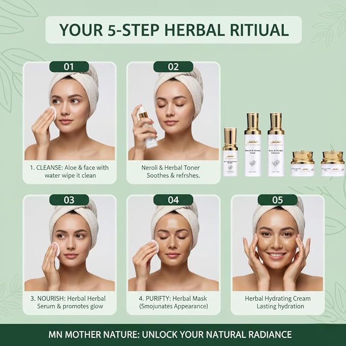 MN Mother Nature Herbal 5-Piece Skincare Set – Aloe Cleanser, Neroli Toner, Rhassoul Mask & Hydrating Cream – Organic Formula for Smooth, Healthy-Looking Skin – Daily Moisture & Vitality Routine