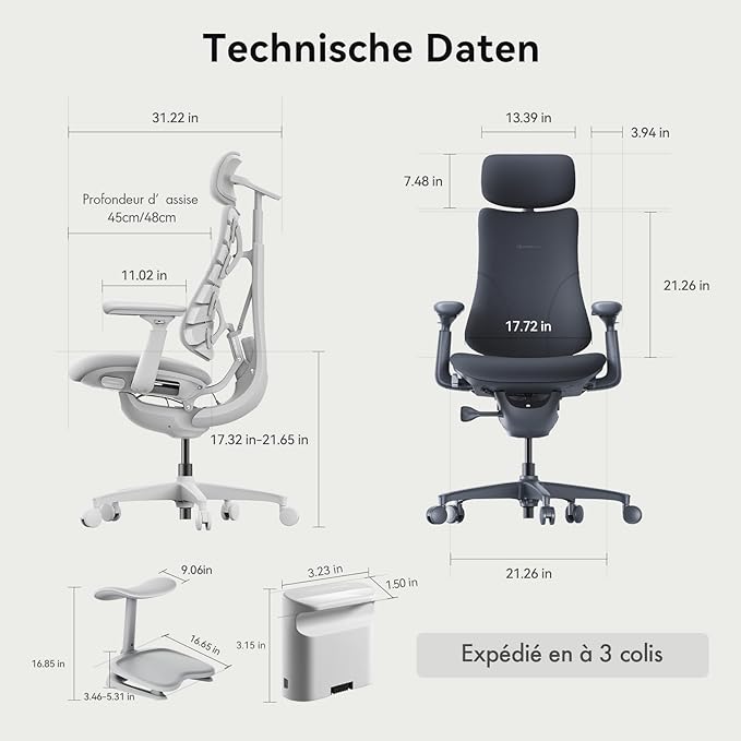 LiberNovo Dynamic Ergonomic Desk Chair + StepSync Footrest + Extra Battery Bundle - Comfy Home Office Chair with Adaptive Lumbar Support, 160° Recline & Built-in Spine Stretch, Gray+48cm