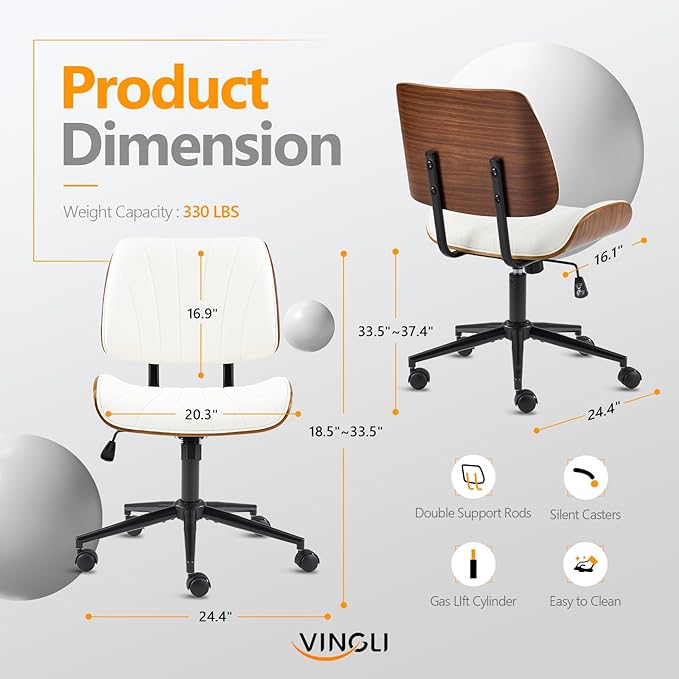 VINGLI Wide Curved Seat&Back Armless Home Office Chair,Ergoromic Adjustable-Height Desk Chair,Swivel&Tilting Function,Stylish Walnut Task Chair for Meeing Room,Dining Room,PU, White