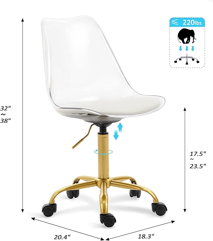 HOMEFUN Clear Desk Chair with Cushion, Armless Acrylic Rolling Chairs with Golden Feet Swivel Height Adjustable Ghost Molded Plastic and Wheels